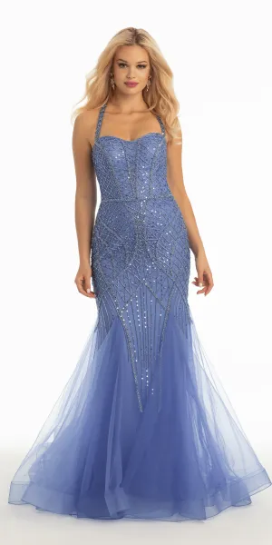 Abstract Beaded Halter Mermaid Dress with Mesh Godets