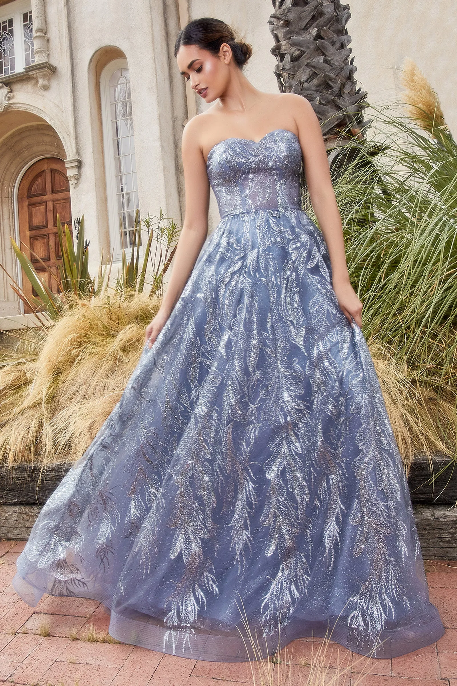 ANDREA & LEO A1174 Glitter Strapless with Shawl Tulle A Line Dress