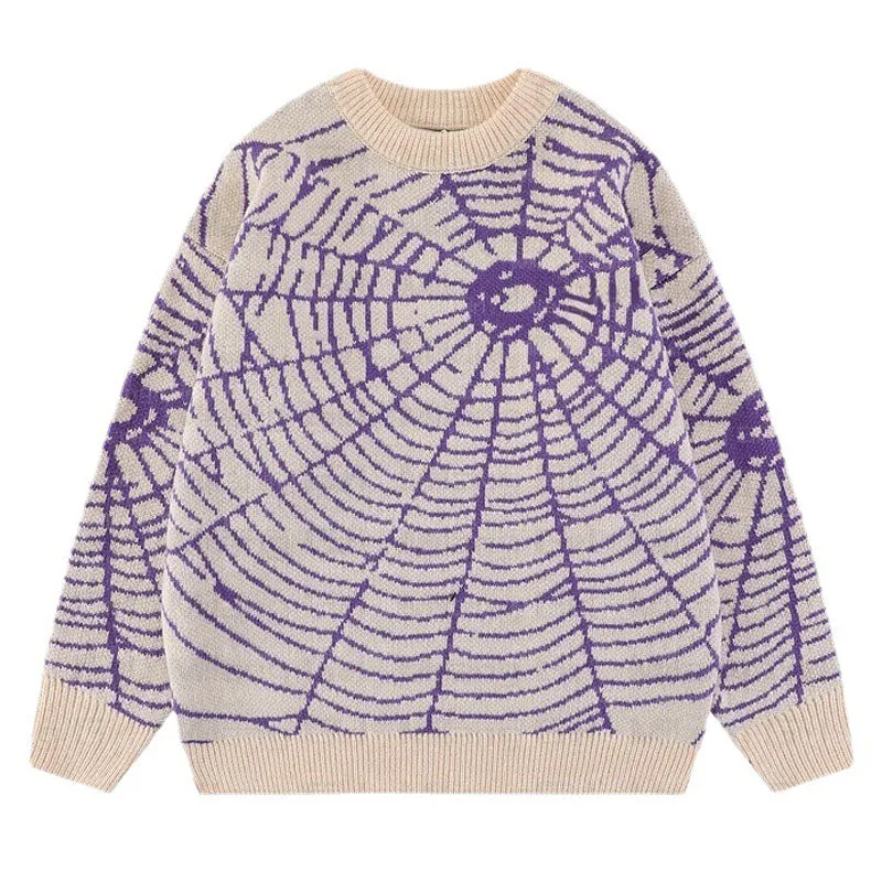 Beige and Purple Spider Web Knit Sweater