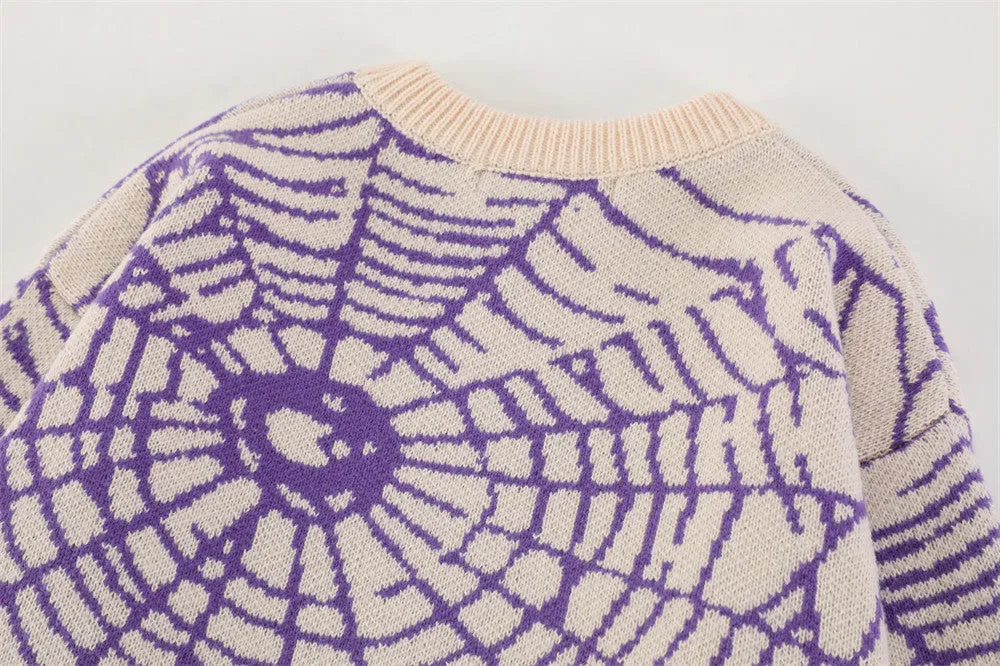 Beige and Purple Spider Web Knit Sweater