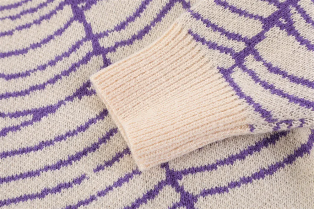 Beige and Purple Spider Web Knit Sweater