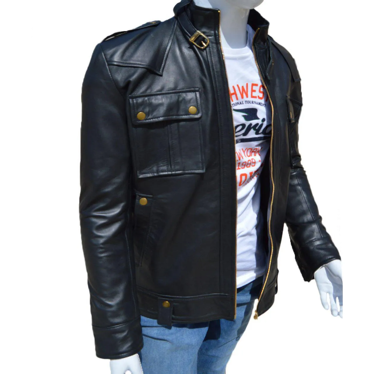 Black Stylish Leather Jacket with Front Pockets for Men