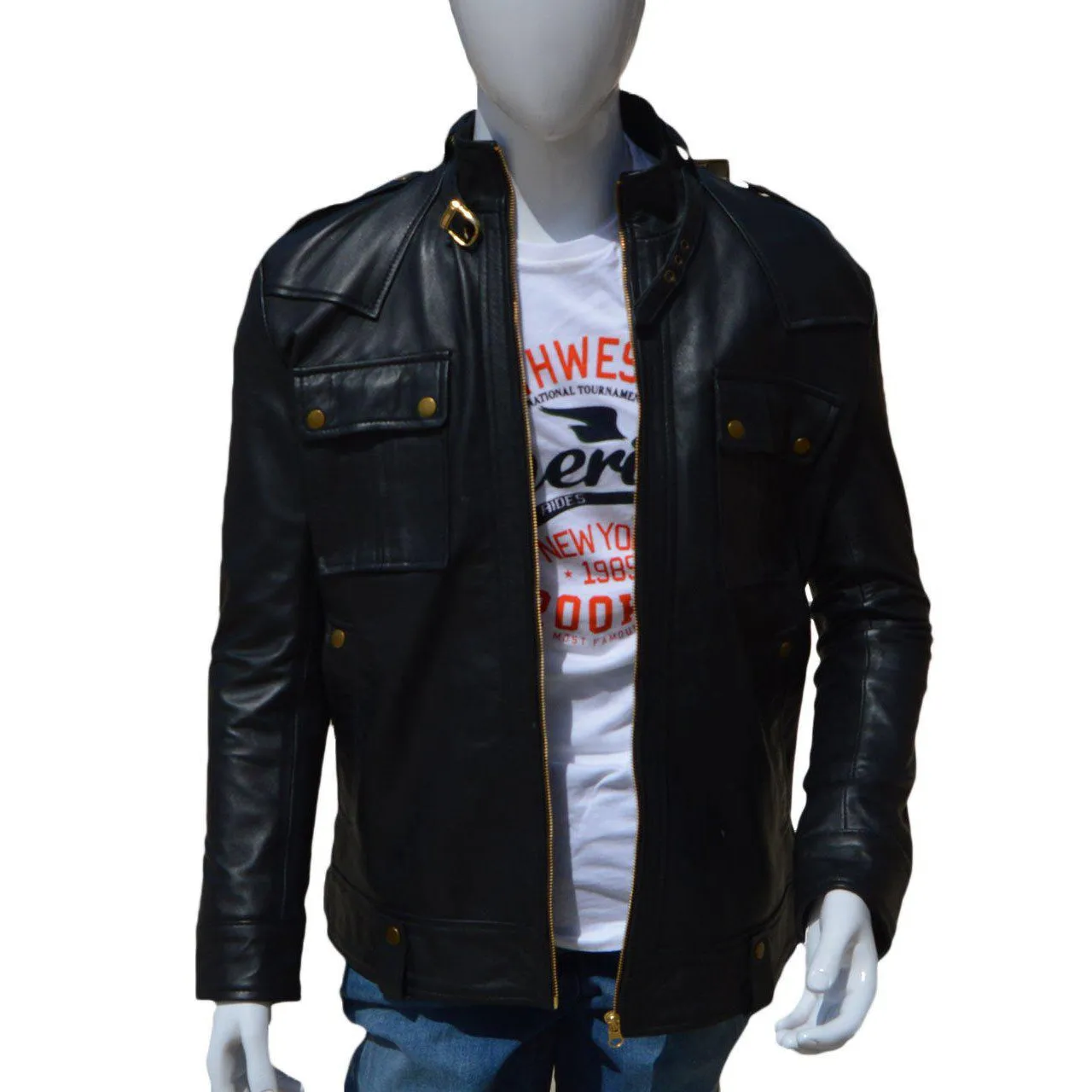 Black Stylish Leather Jacket with Front Pockets for Men