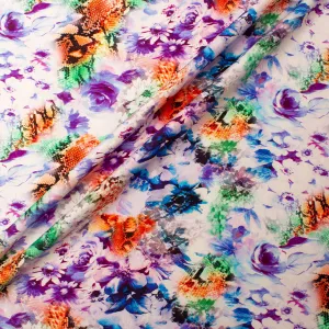 Blue Floral & Orange Snake Printed Silk Satin