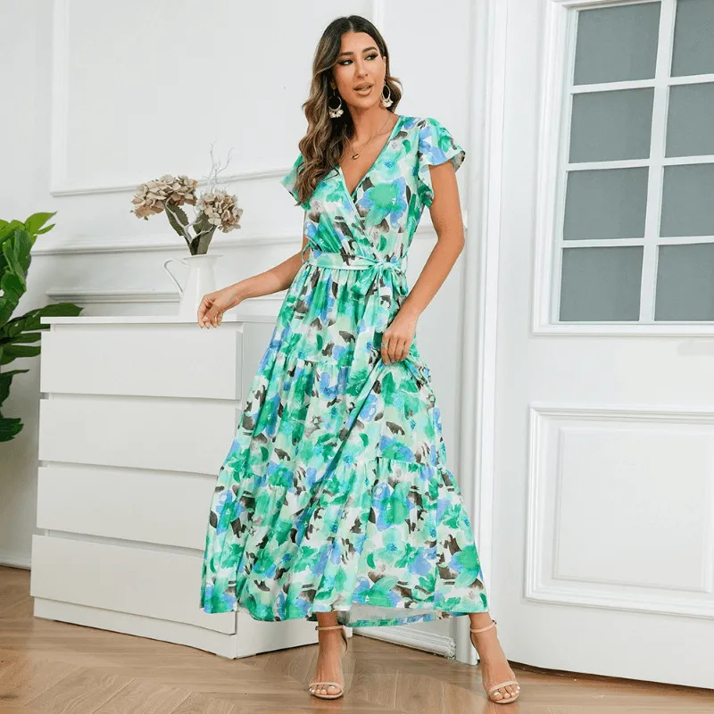 Boho-Chic V-neck Printed Lotus-Flower Hem Long Dress