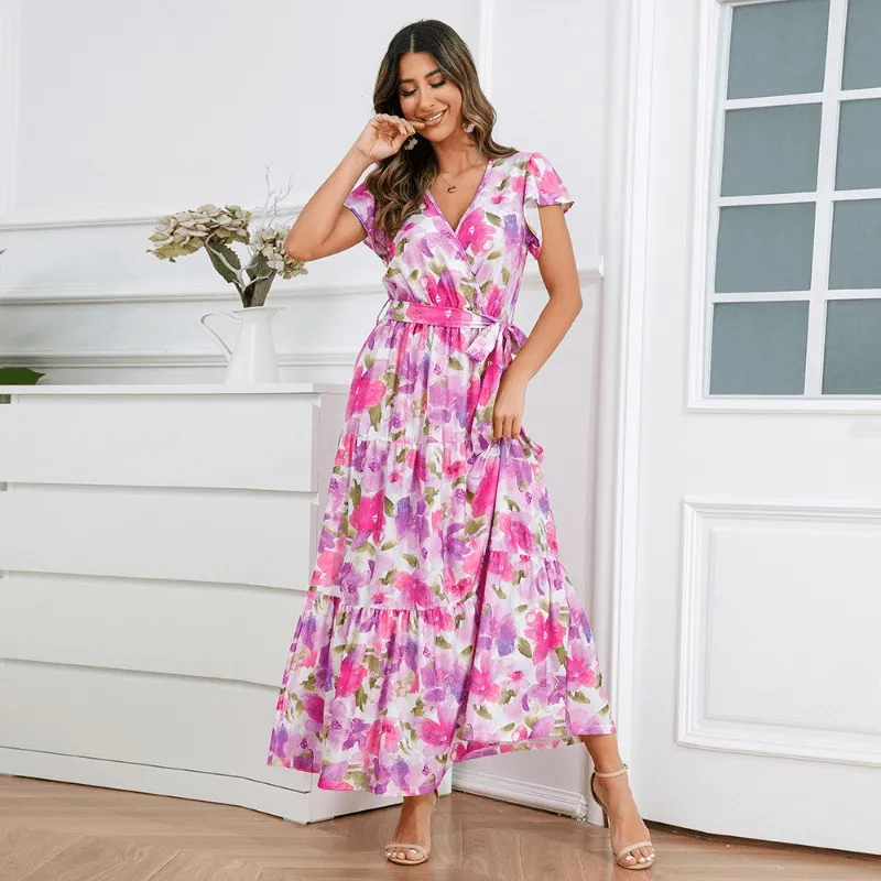 Boho-Chic V-neck Printed Lotus-Flower Hem Long Dress