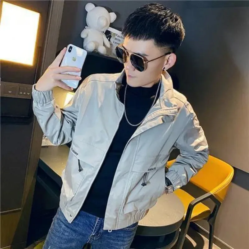 Bonsir Male Coats Slim Fit Gray Zip V Men's Jackets Spring Autumn Cargo Aesthetic Joker New in Vintage Stylish Y2k Korean Reviews Many