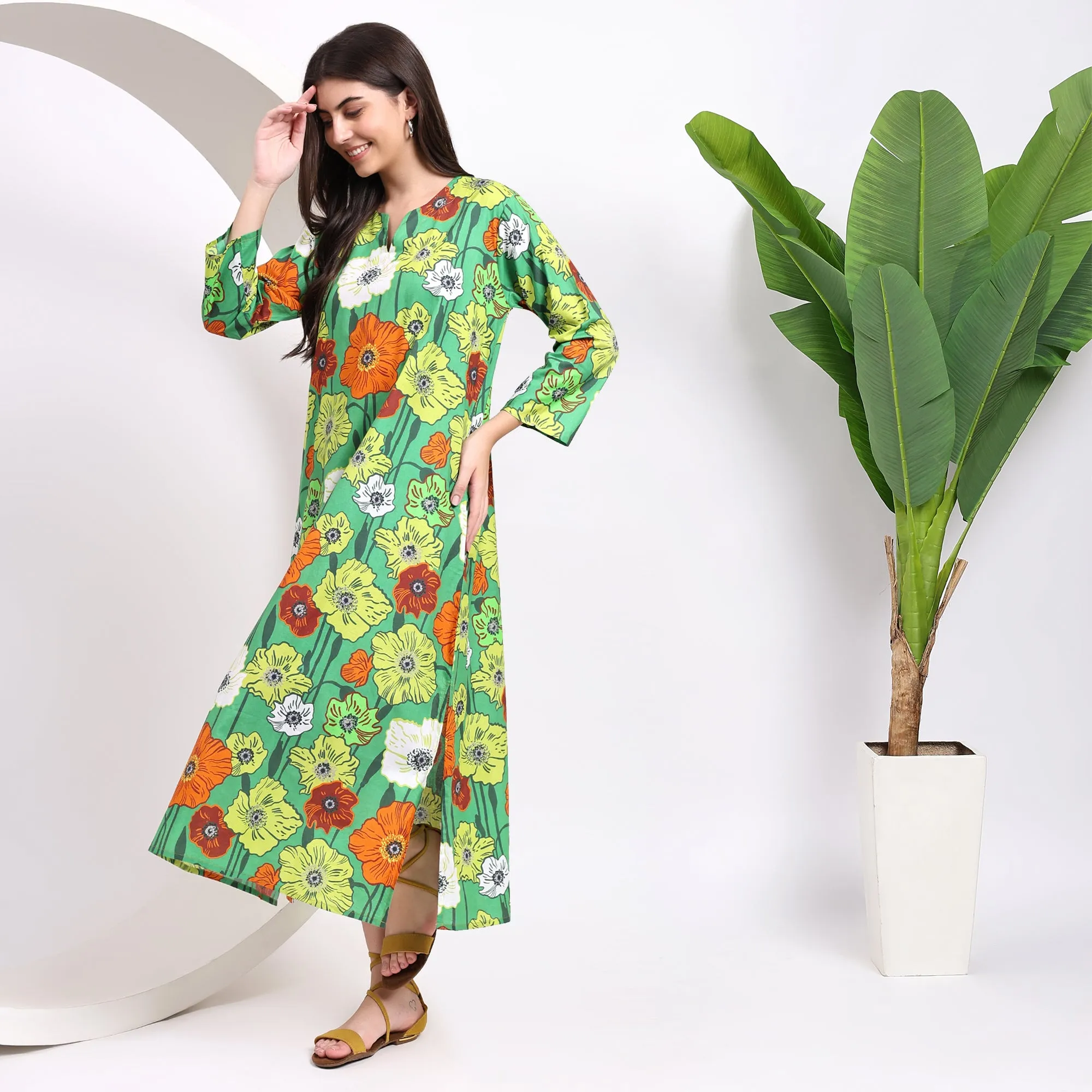 Buy the Green Floral Midi Dresses with Flowing Sleeves!