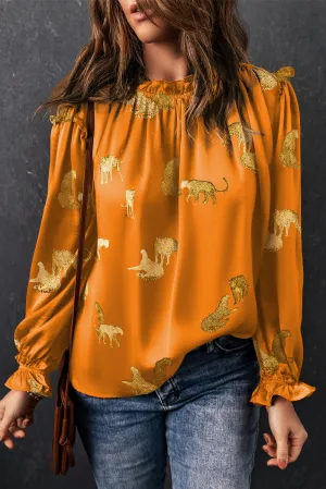 Cheetah Printed Ruffled Sleeve Blouse