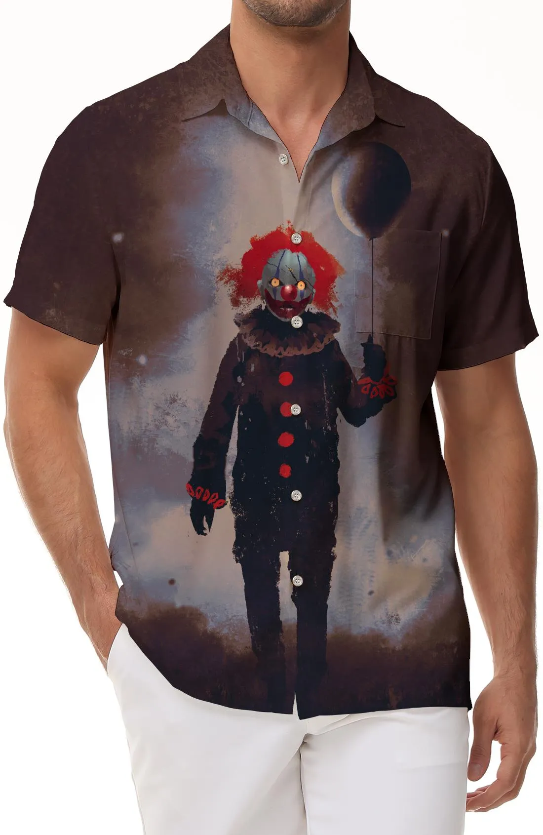 Crazy Evil Clown Face Men's Casual Short Sleeve Button Shirt Beach Vacation Regular Style