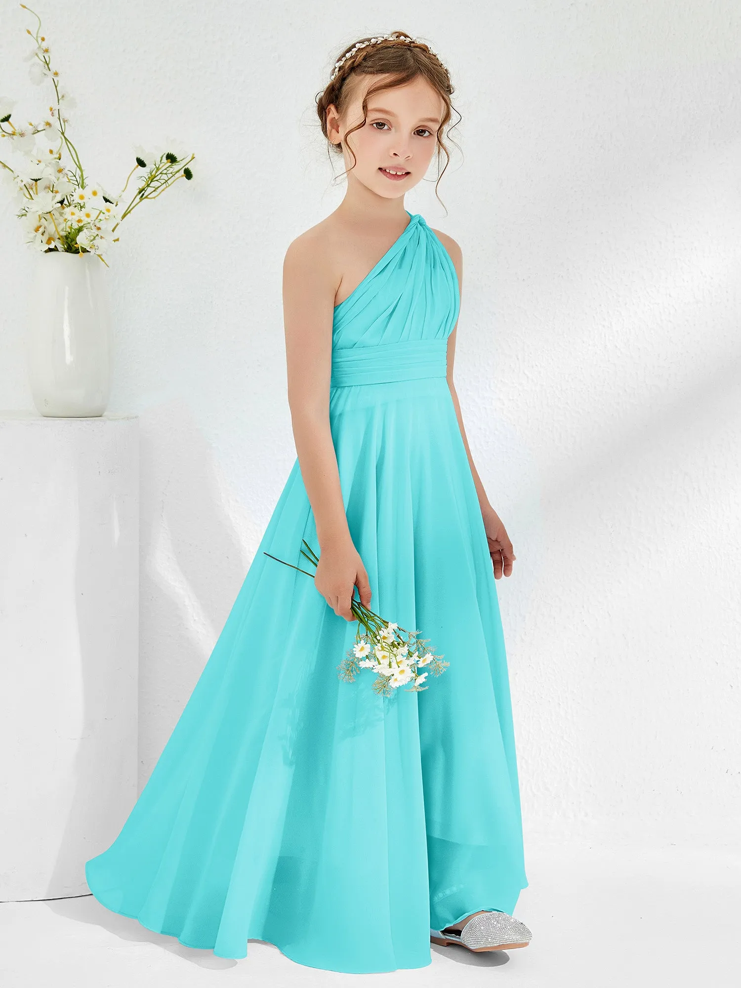 Cute One Shoulder  A-line Junior Bridesmaid Dresses Pool