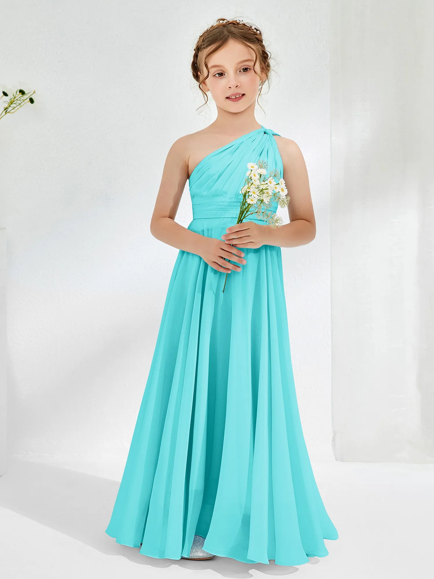 Cute One Shoulder  A-line Junior Bridesmaid Dresses Pool