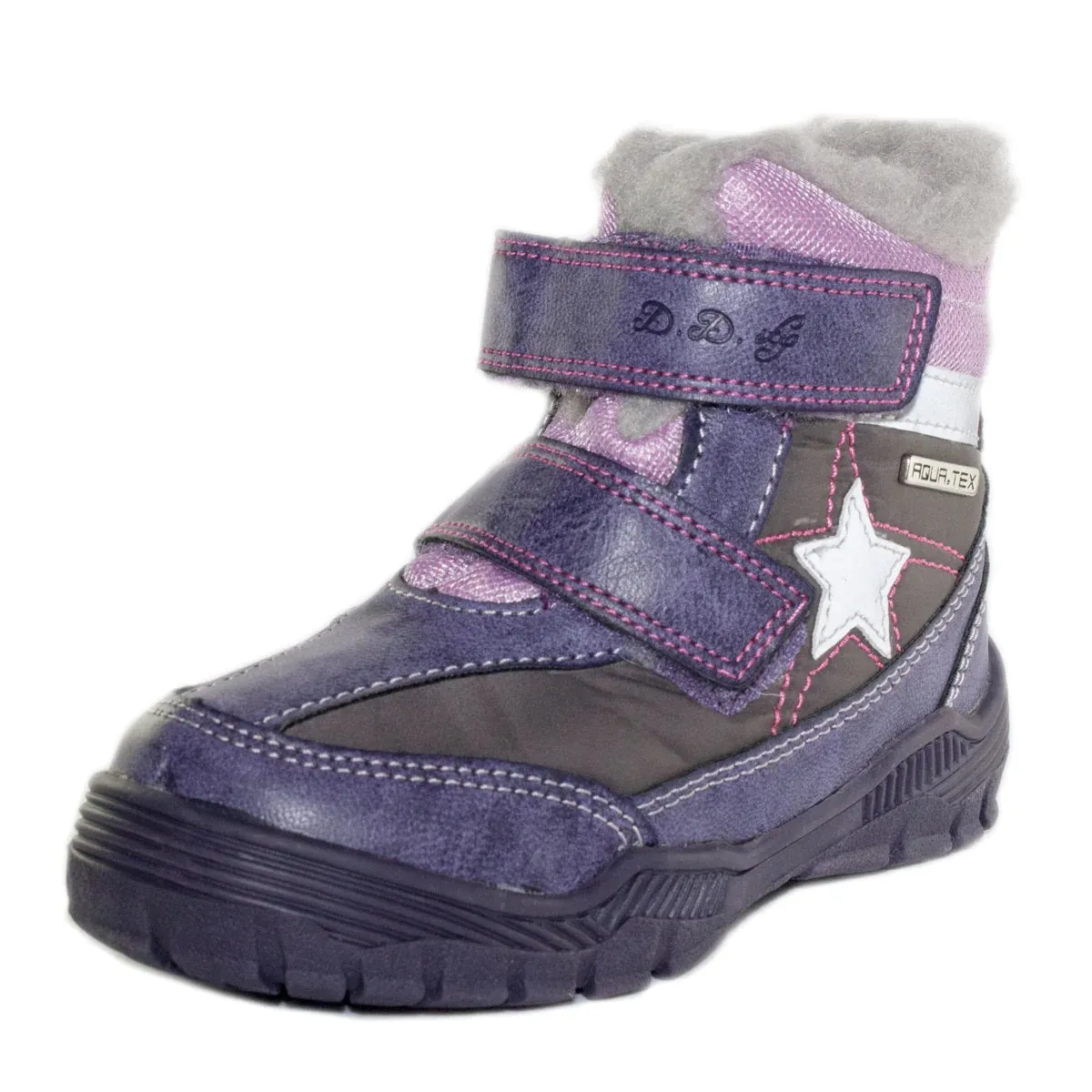 D.D. Step Little Kid Girl Shoes/Winter Boots With Faux Fur Insulation Purple Pink And Grey Star - Supportive Leather Shoes From Europe Kids Orthopedic