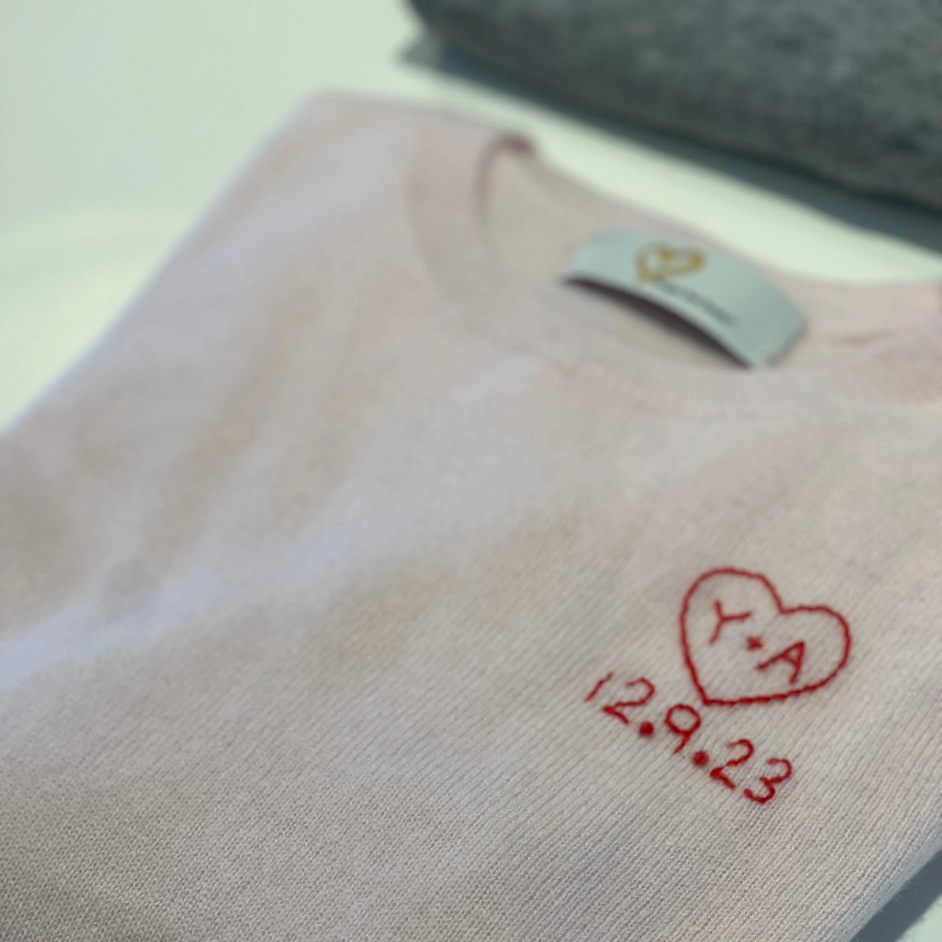 DTD Long Sleeve Cashmere Sweater with Custom Hand Embroidered Heart & Date