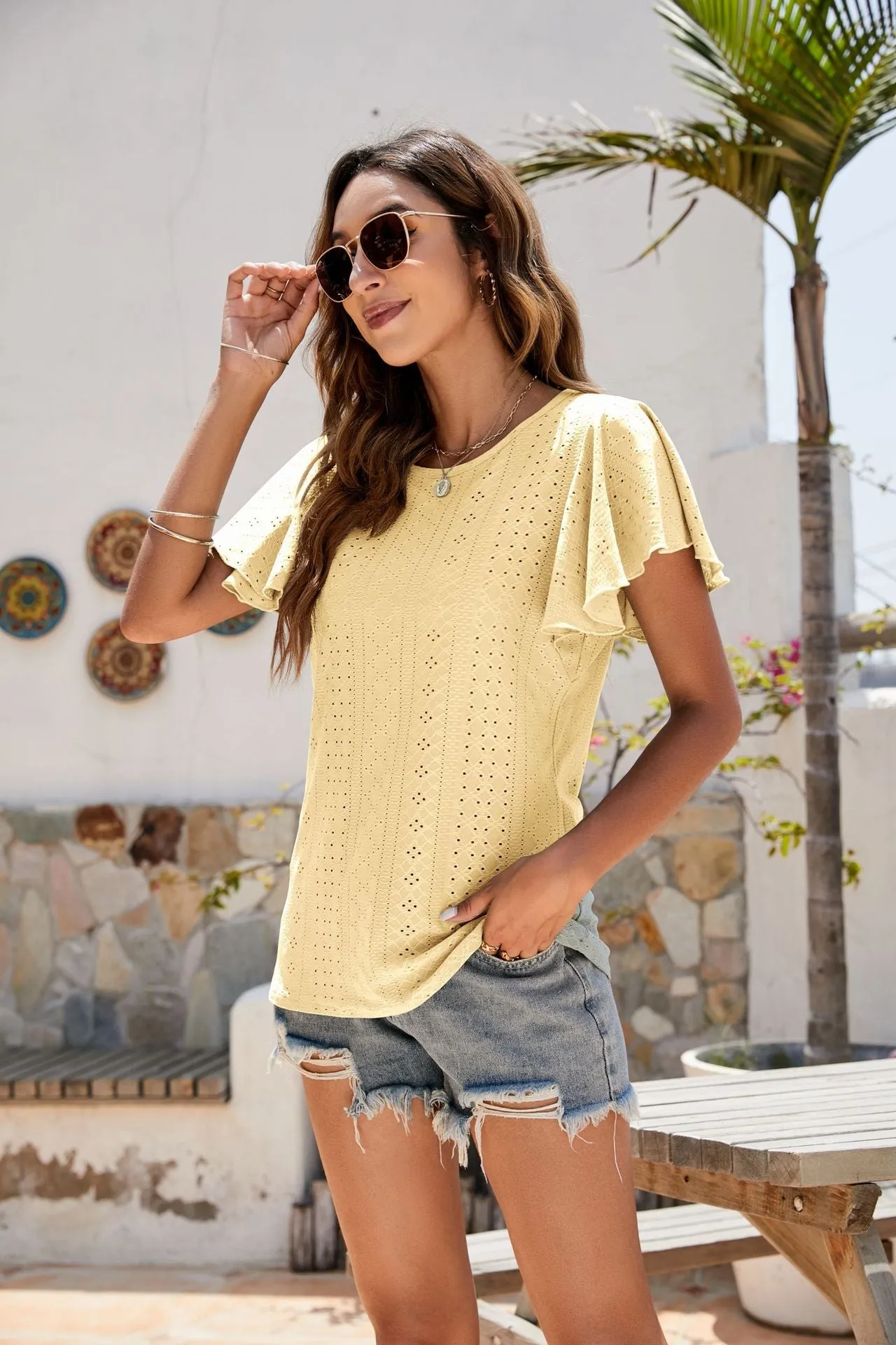 Hole T-shirt Cut-out Tunic Ruffled Sleeve Casual Top