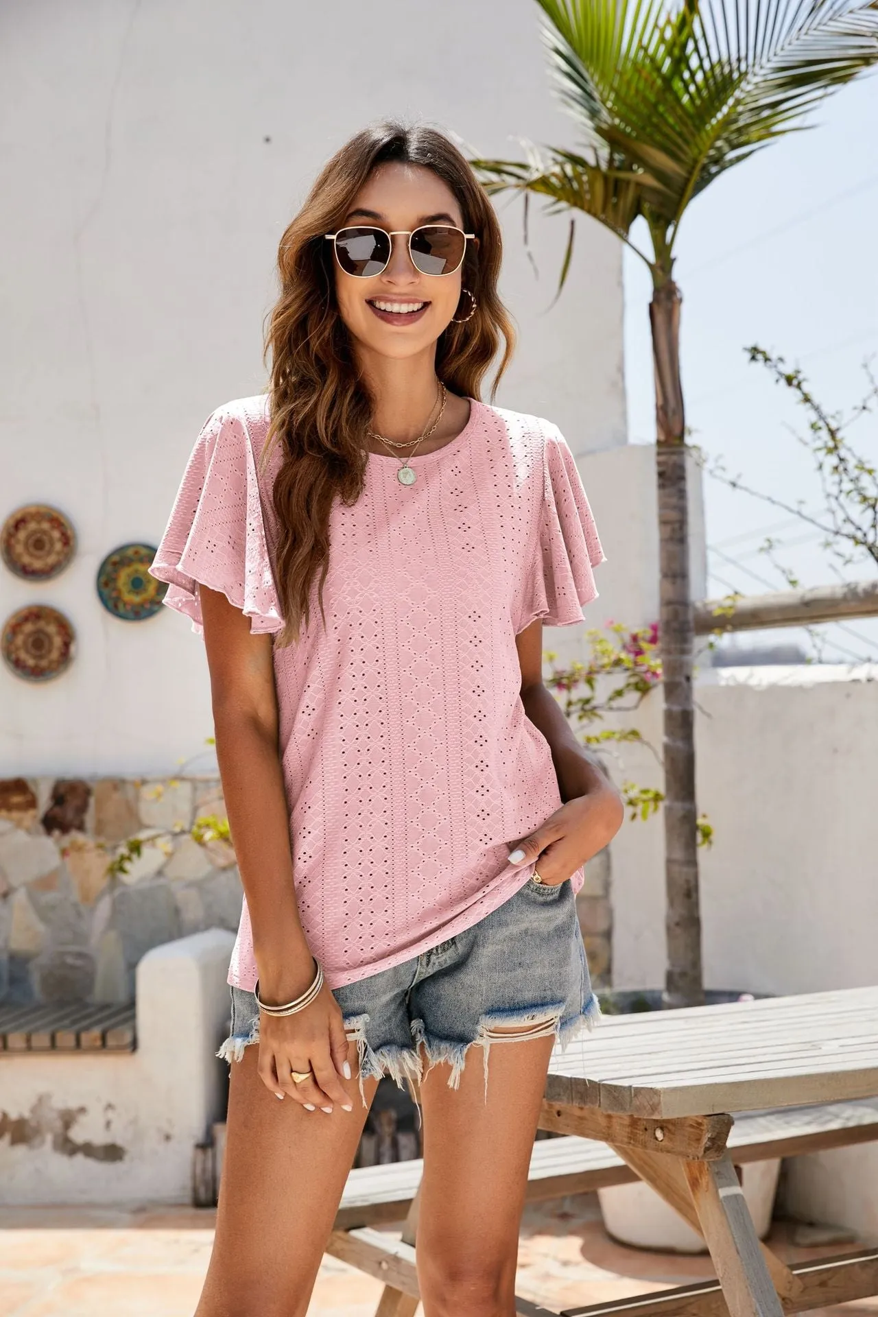 Hole T-shirt Cut-out Tunic Ruffled Sleeve Casual Top