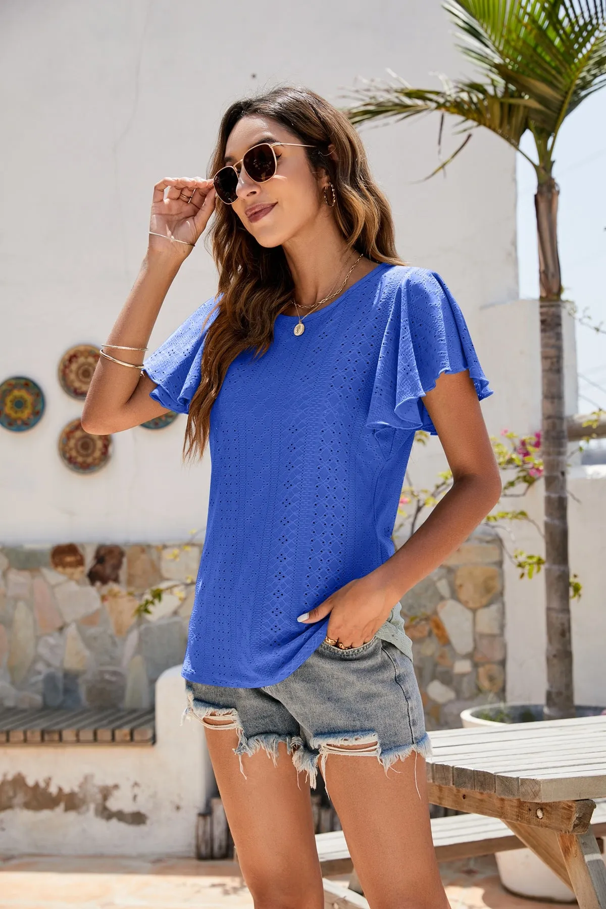 Hole T-shirt Cut-out Tunic Ruffled Sleeve Casual Top