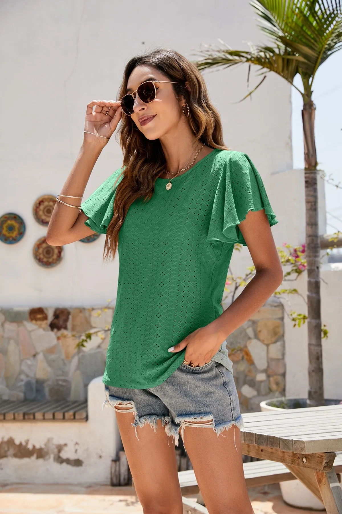 Hole T-shirt Cut-out Tunic Ruffled Sleeve Casual Top