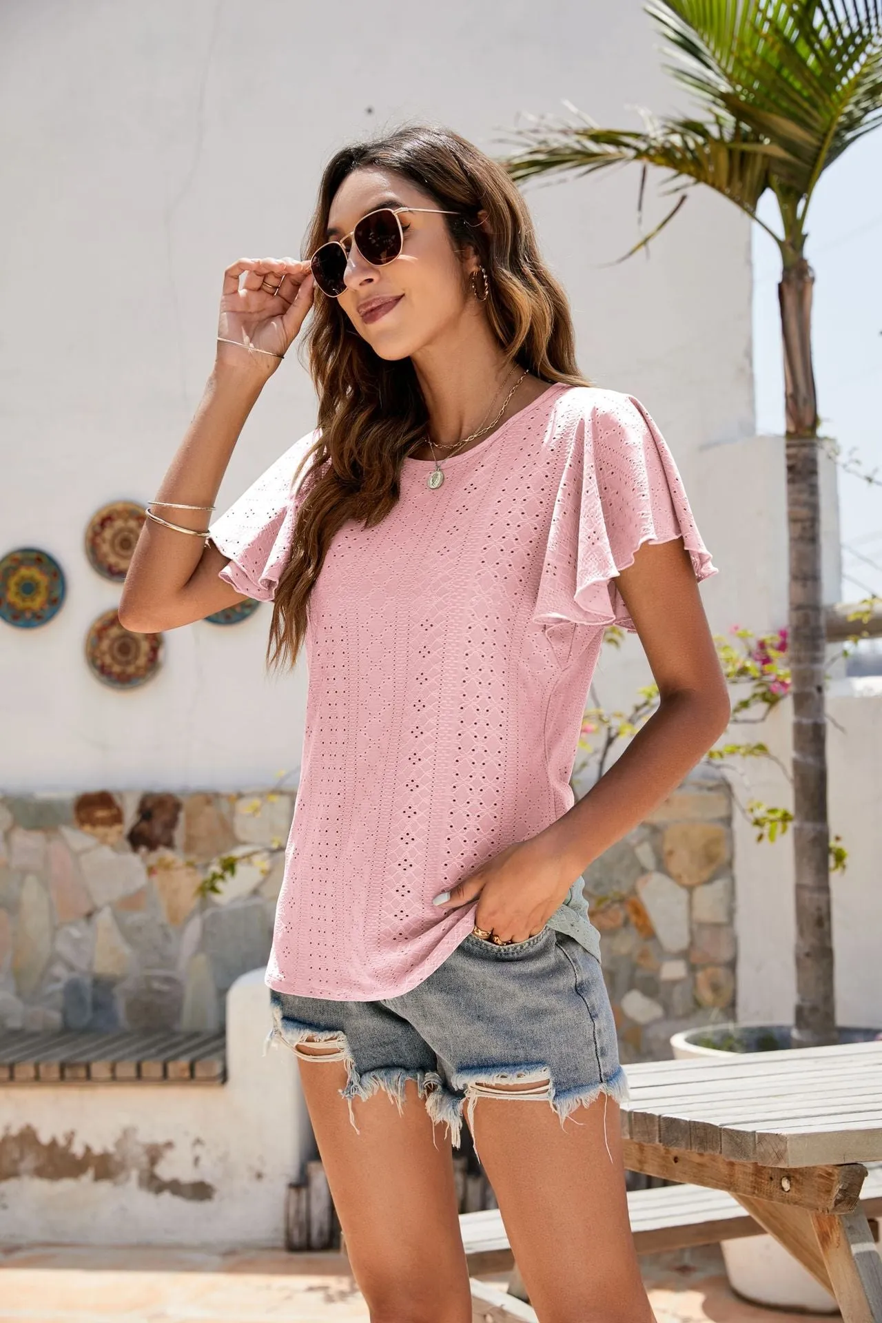 Hole T-shirt Cut-out Tunic Ruffled Sleeve Casual Top