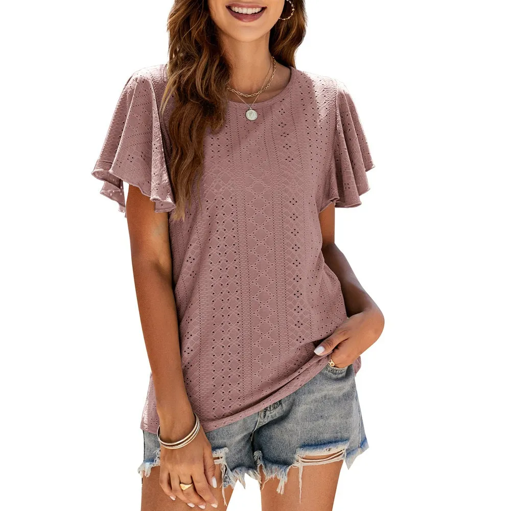 Hole T-shirt Cut-out Tunic Ruffled Sleeve Casual Top