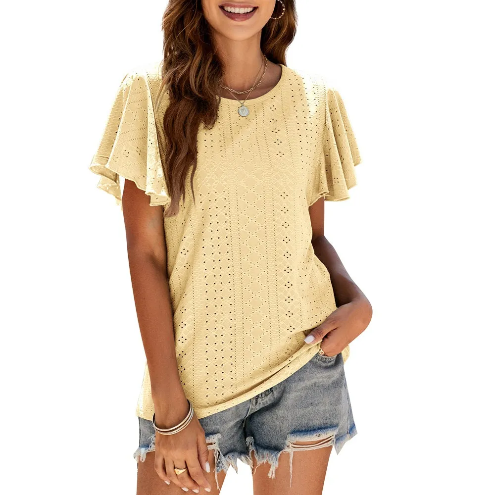 Hole T-shirt Cut-out Tunic Ruffled Sleeve Casual Top