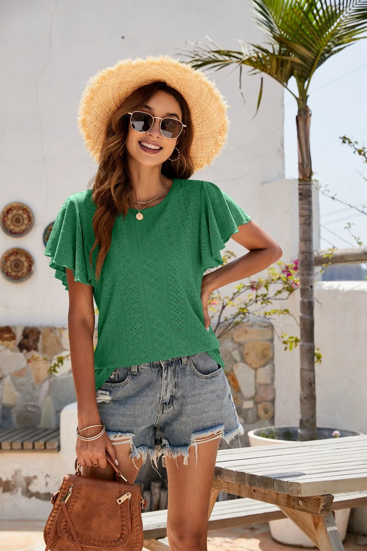 Hole T-shirt Cut-out Tunic Ruffled Sleeve Casual Top