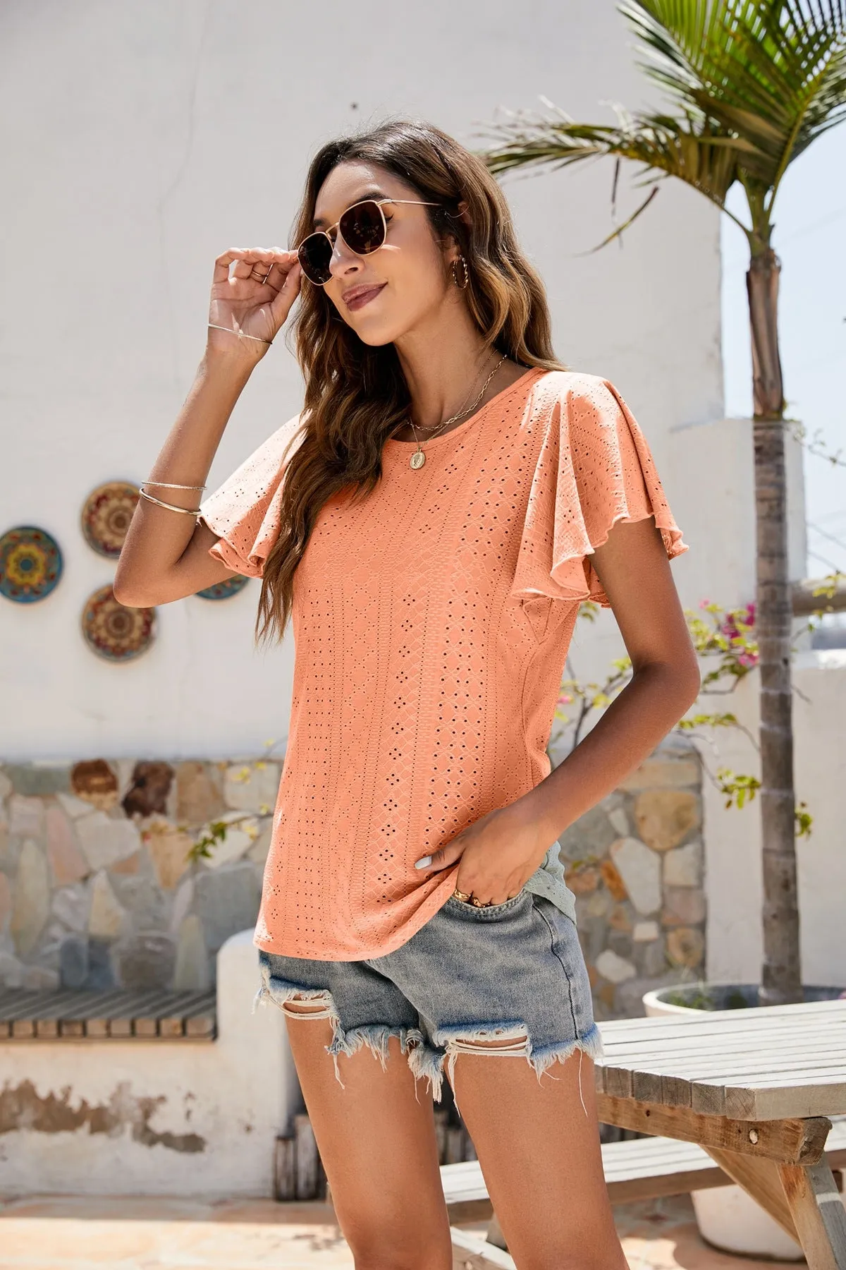 Hole T-shirt Cut-out Tunic Ruffled Sleeve Casual Top