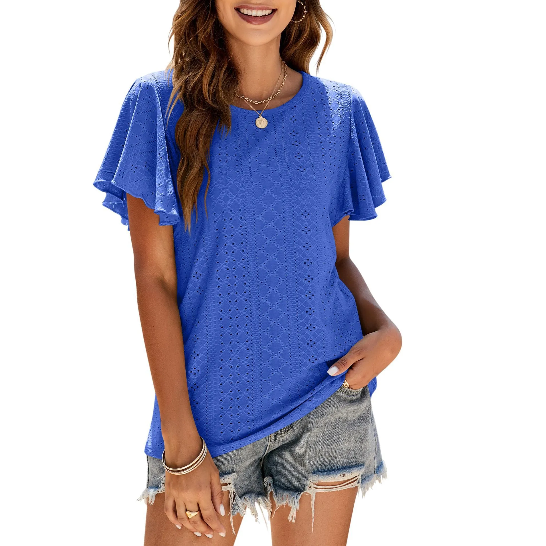 Hole T-shirt Cut-out Tunic Ruffled Sleeve Casual Top