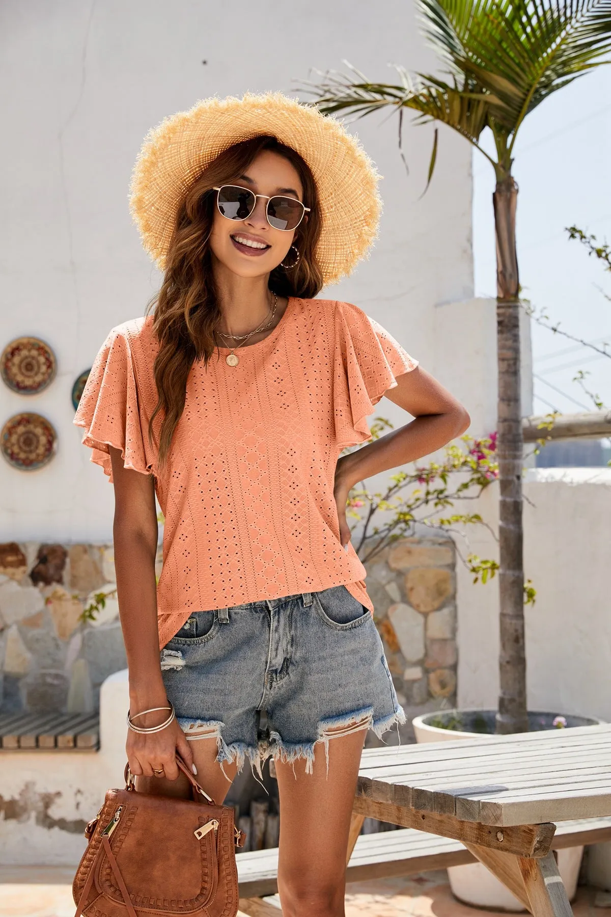 Hole T-shirt Cut-out Tunic Ruffled Sleeve Casual Top