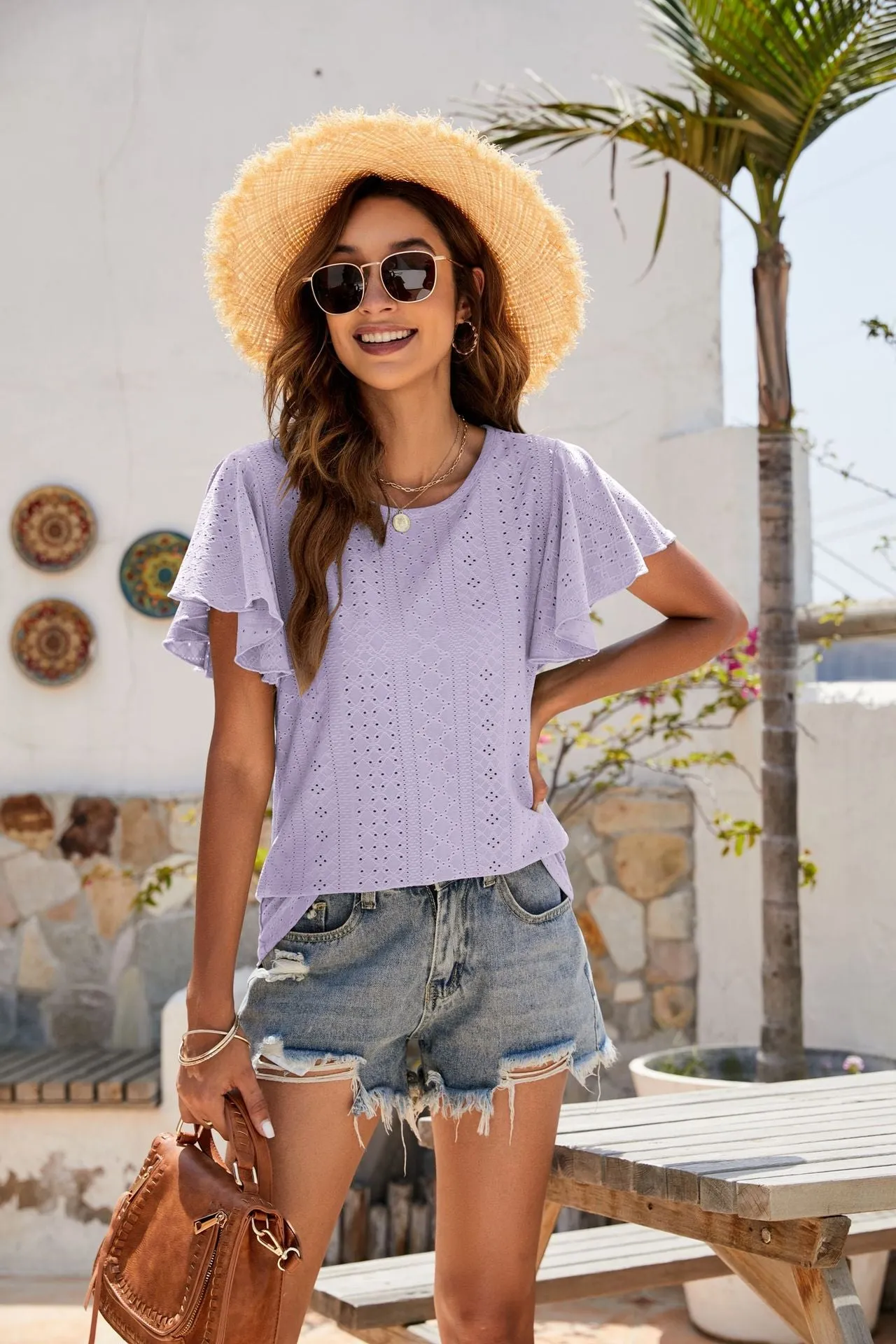 Hole T-shirt Cut-out Tunic Ruffled Sleeve Casual Top