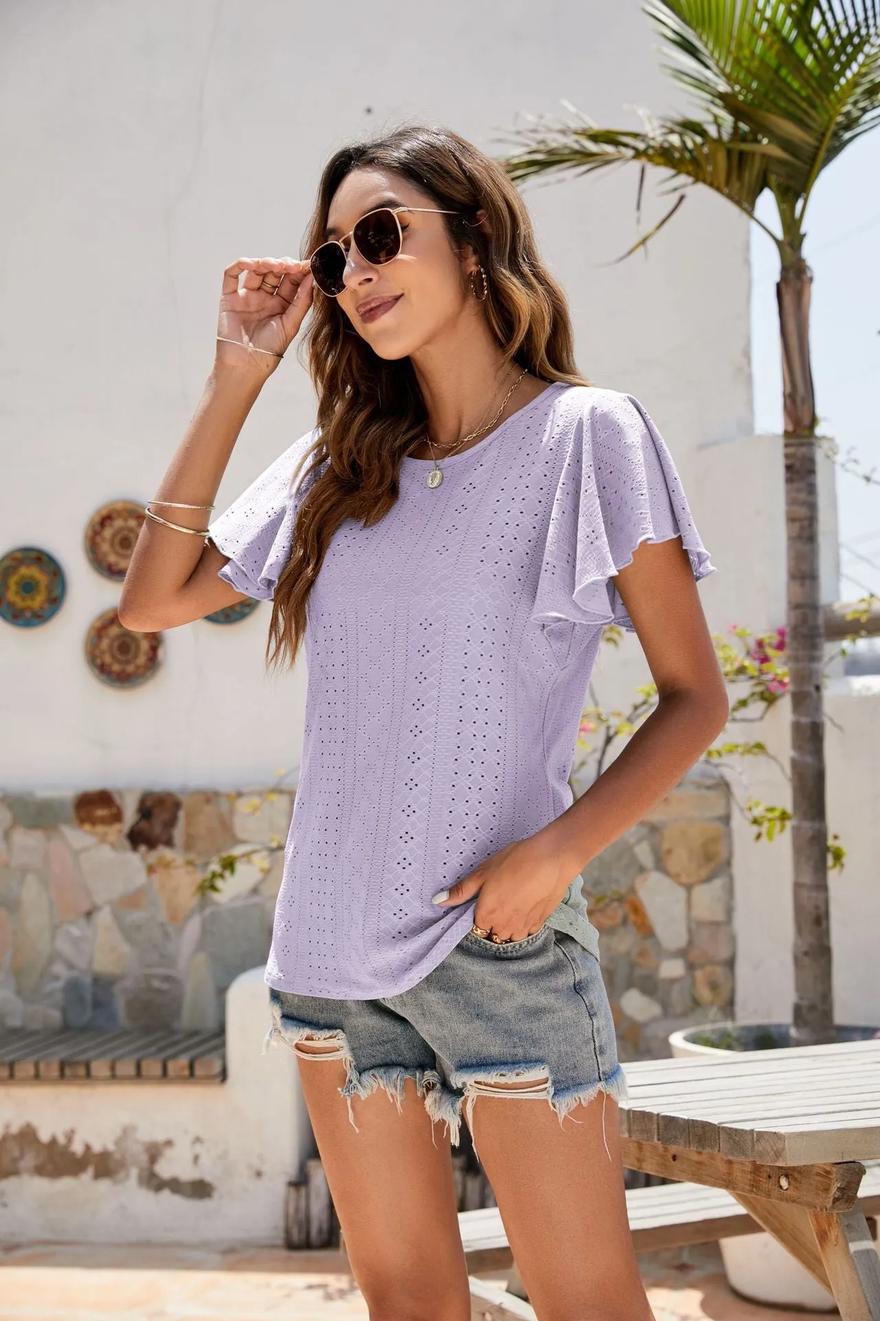 Hole T-shirt Cut-out Tunic Ruffled Sleeve Casual Top