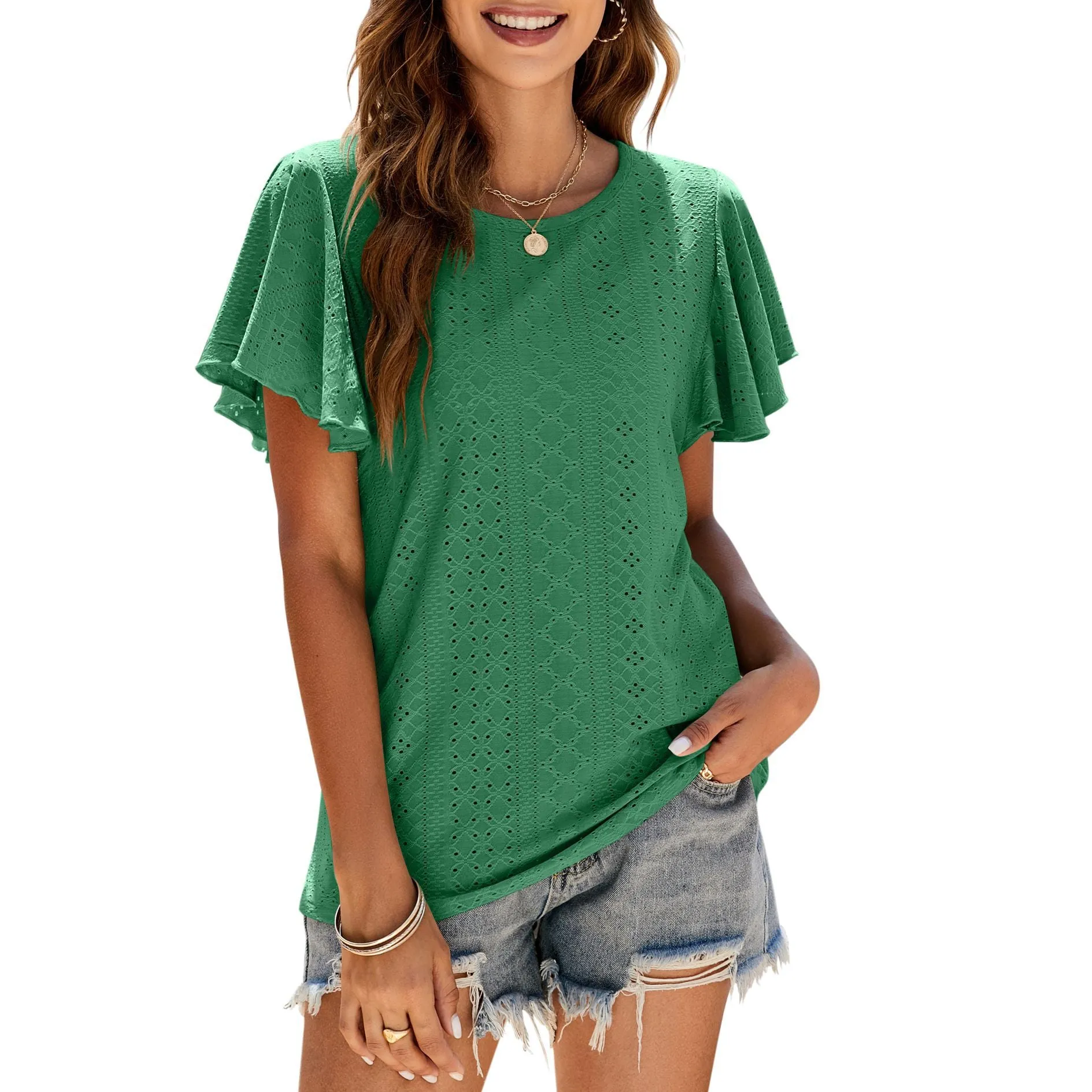 Hole T-shirt Cut-out Tunic Ruffled Sleeve Casual Top