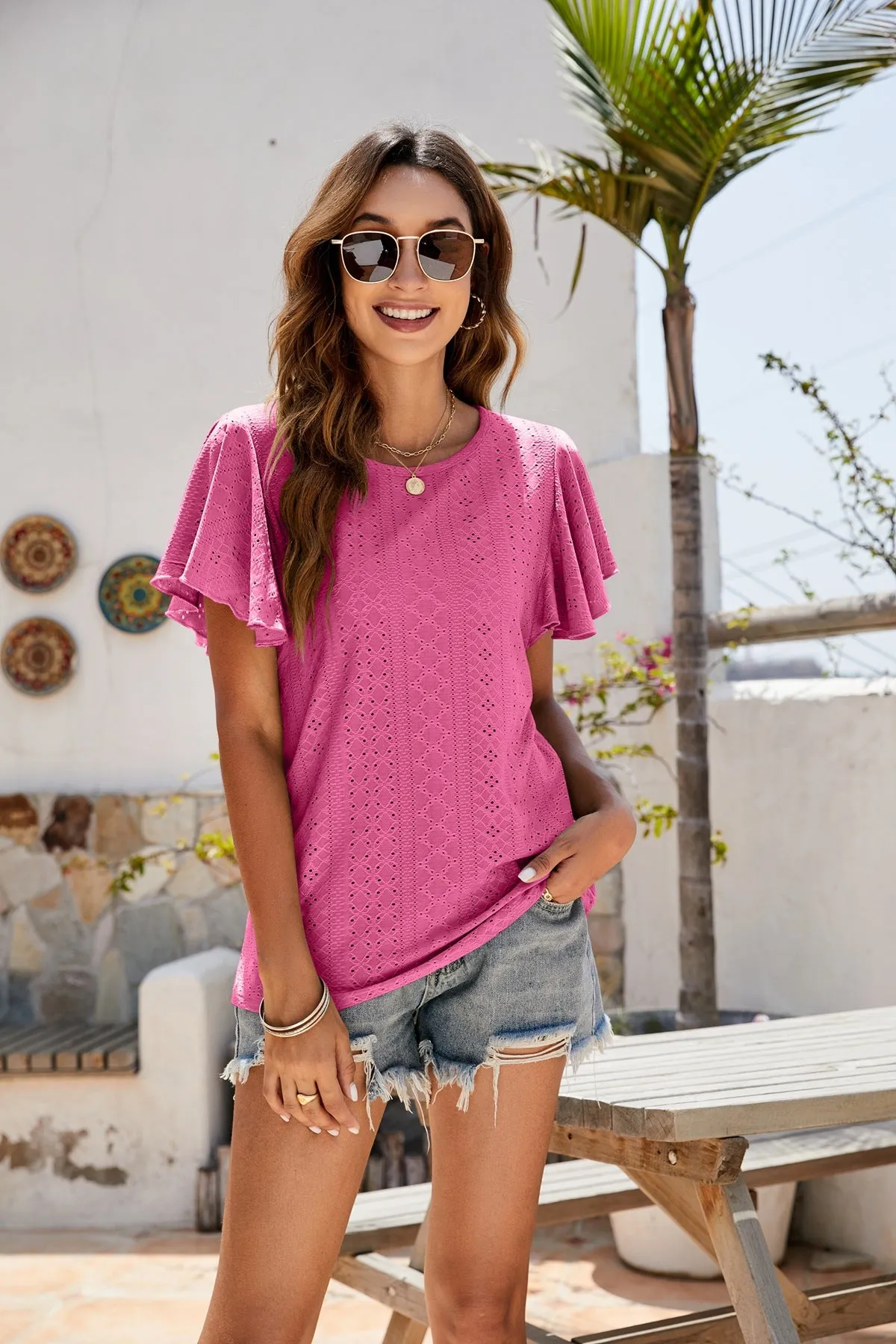 Hole T-shirt Cut-out Tunic Ruffled Sleeve Casual Top