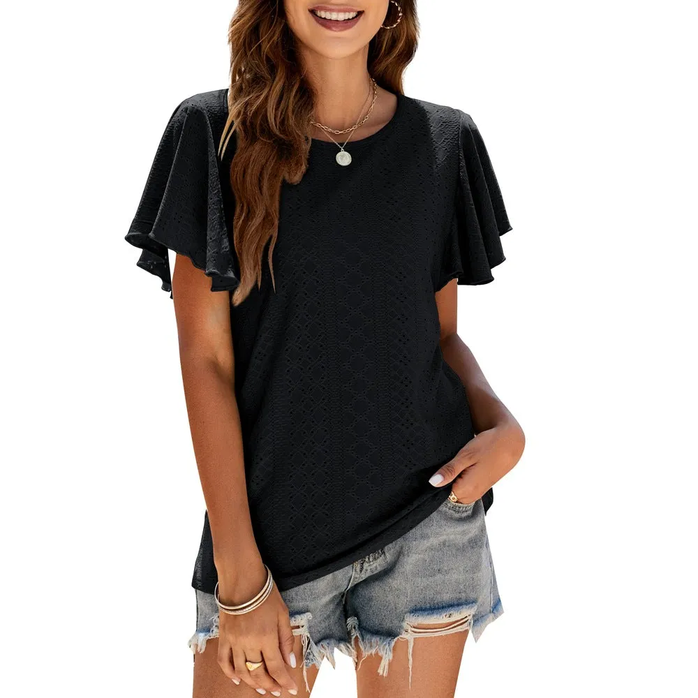 Hole T-shirt Cut-out Tunic Ruffled Sleeve Casual Top