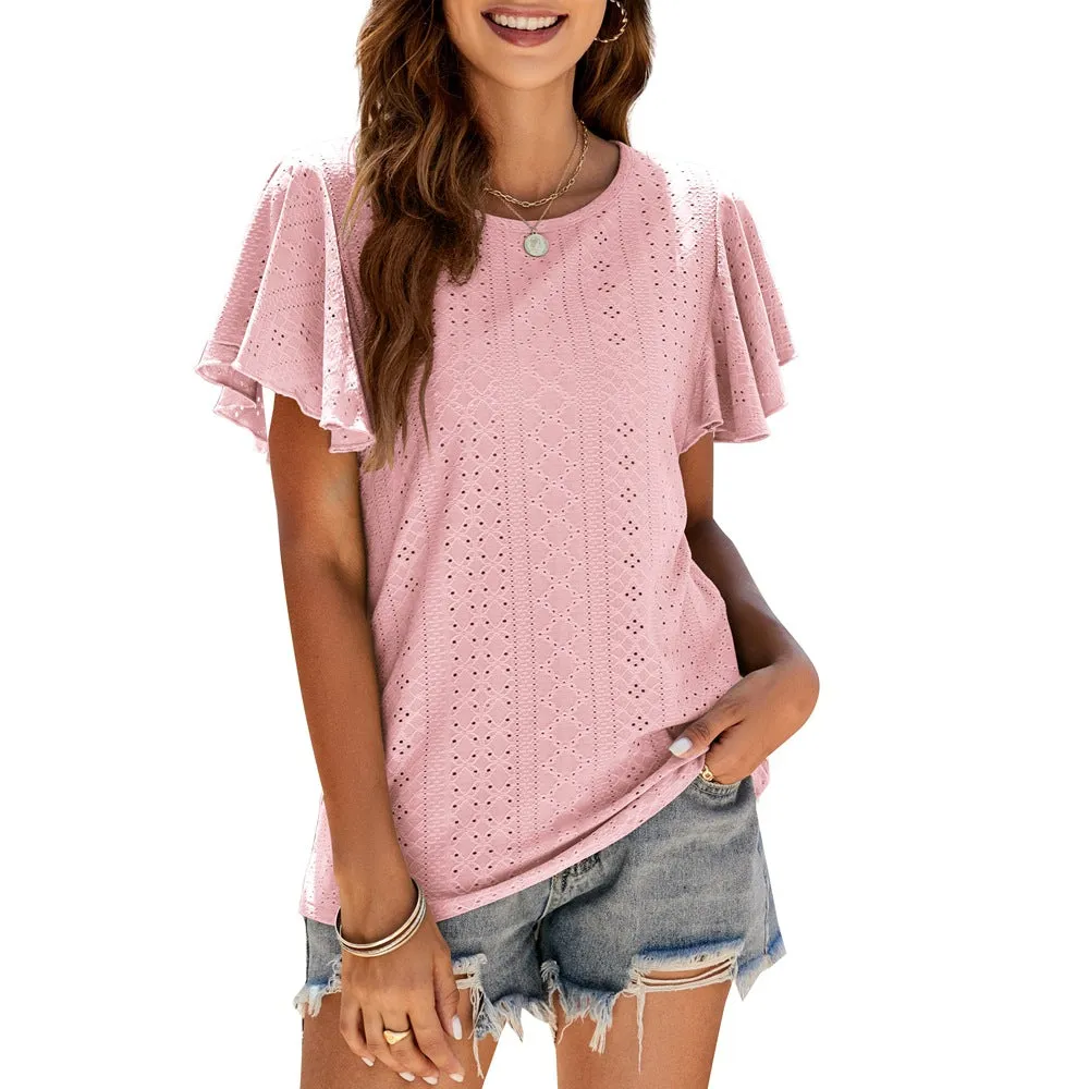 Hole T-shirt Cut-out Tunic Ruffled Sleeve Casual Top