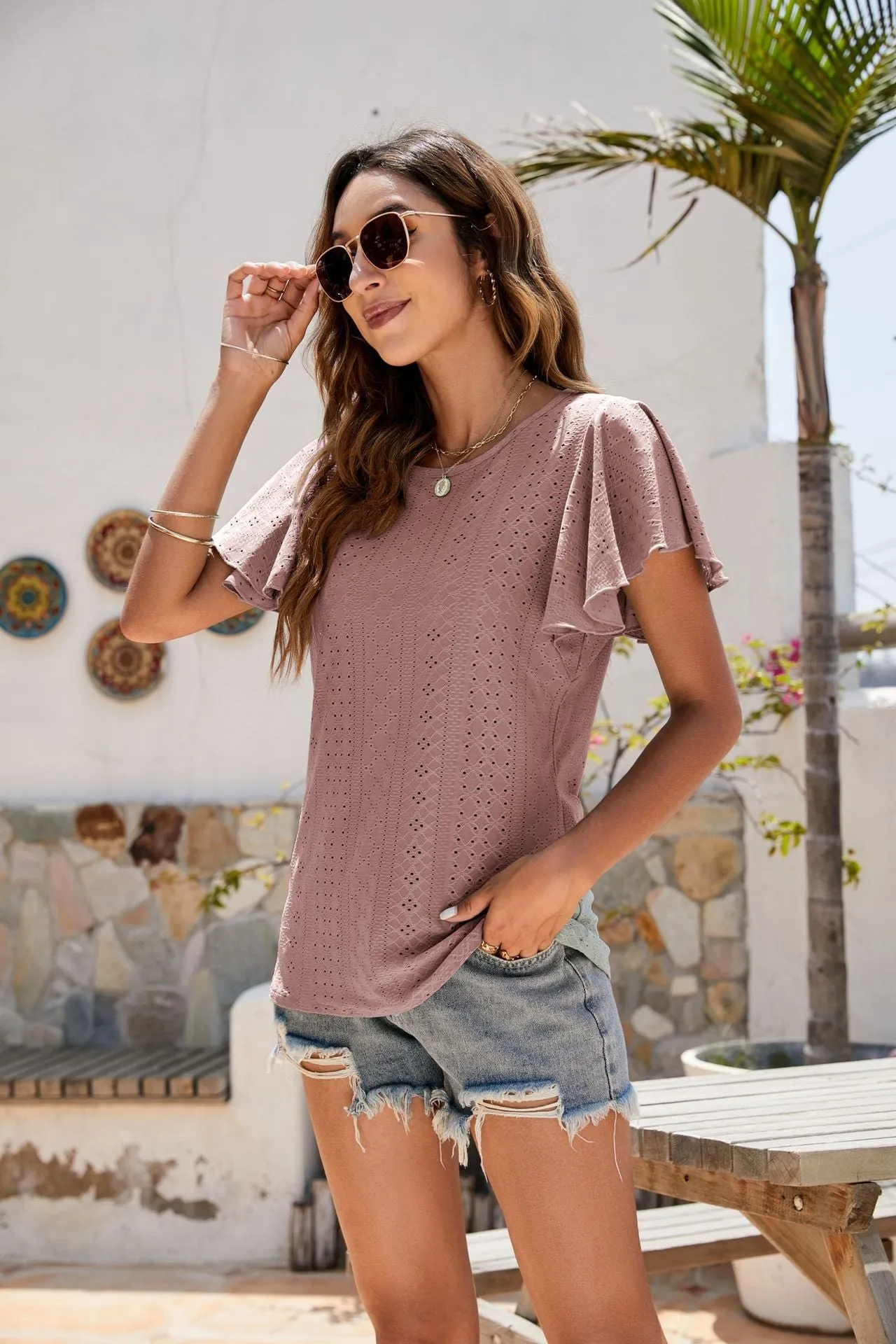 Hole T-shirt Cut-out Tunic Ruffled Sleeve Casual Top