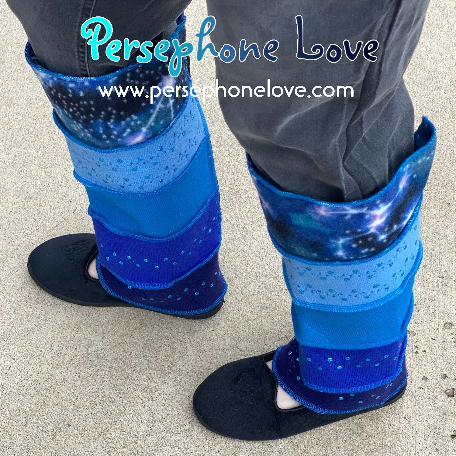 Katwise-inspired blue gradient fleece/wool embroidered sequins leg warmers-1460