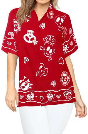 LA LEELA Womens Skull Halloween Costume Casual Beach Hawaiian Shirts Printed Red