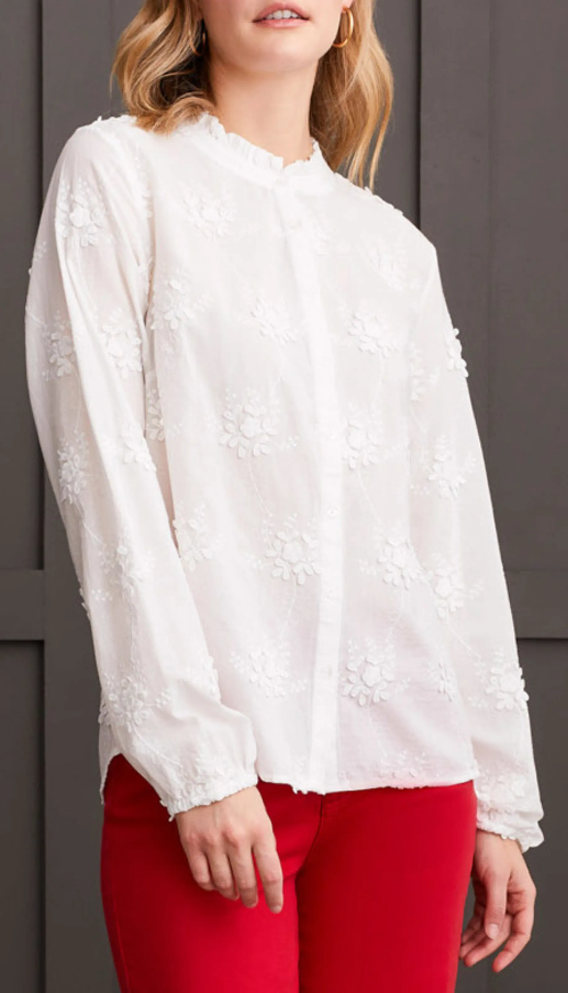 Long Sleeve Button Front Ruffle Blouse