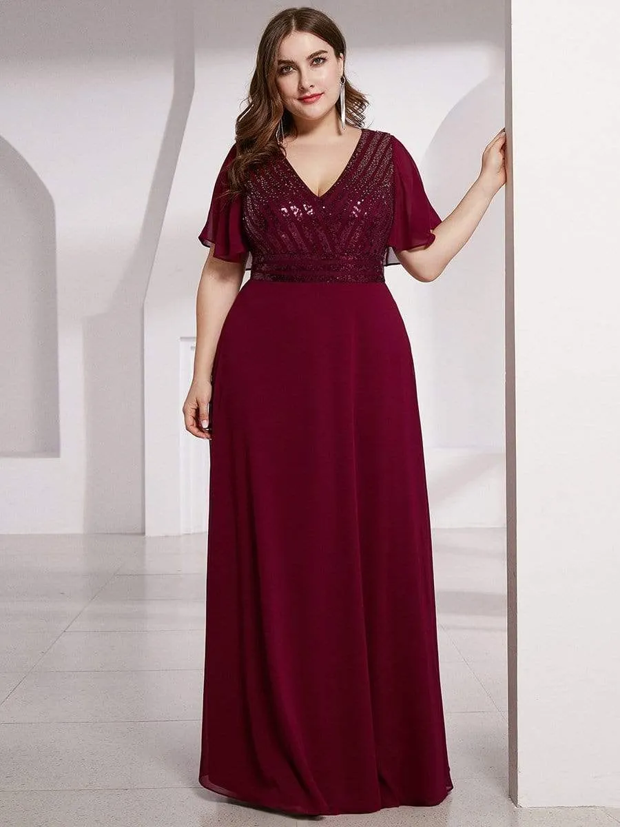 Maxi Long Chiffon and Sequin Evening Gowns with Ruffle Sleeve