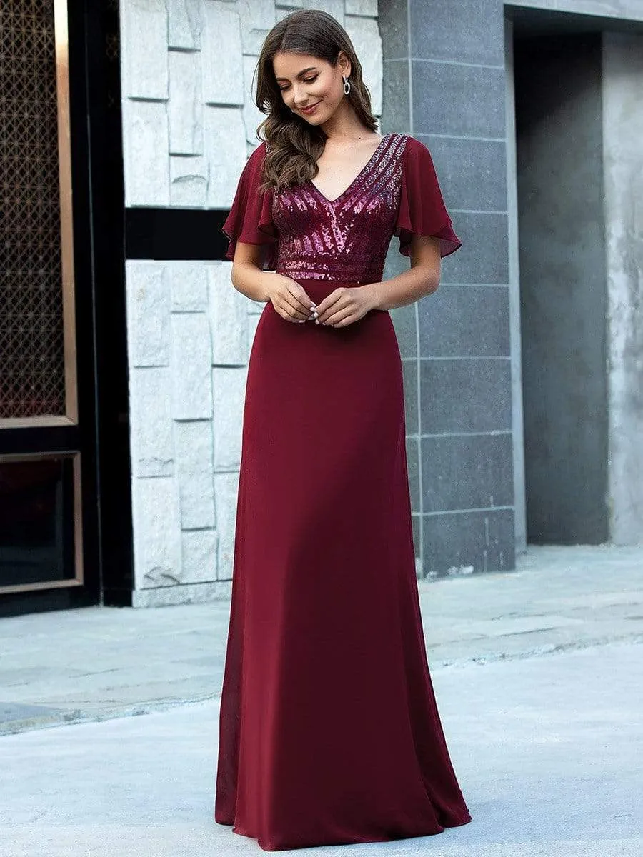 Maxi Long Chiffon and Sequin Evening Gowns with Ruffle Sleeve