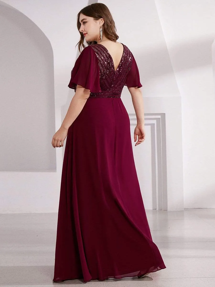 Maxi Long Chiffon and Sequin Evening Gowns with Ruffle Sleeve