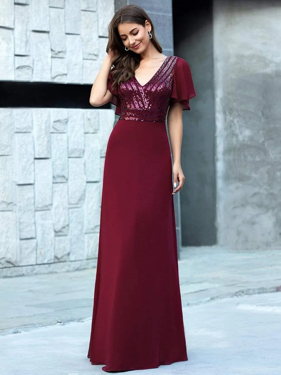 Maxi Long Chiffon and Sequin Evening Gowns with Ruffle Sleeve