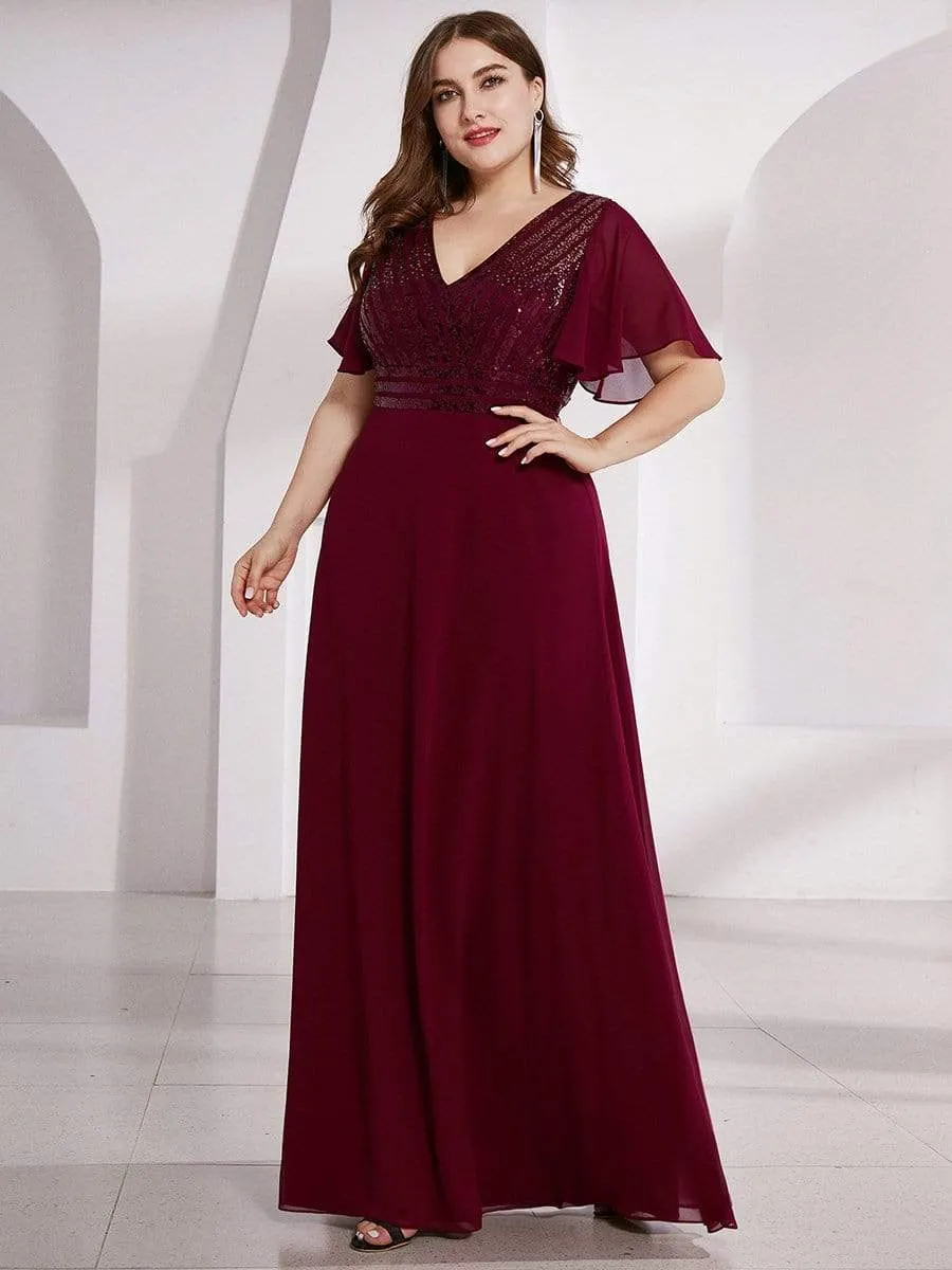 Maxi Long Chiffon and Sequin Evening Gowns with Ruffle Sleeve