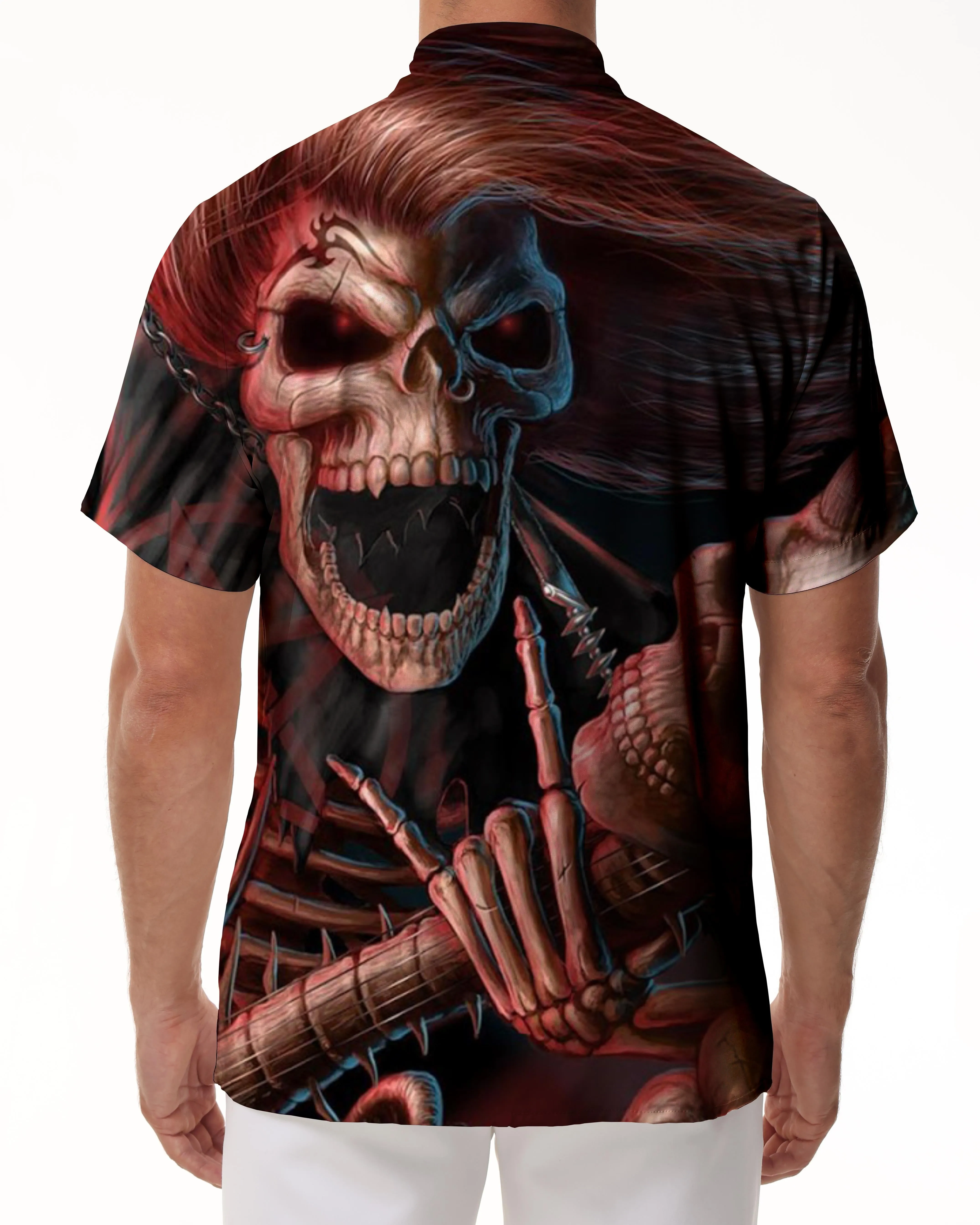 Men's New Casual Hawaiian Button Shirt Printed Brown Skeleton King Short Sleeve Shirt