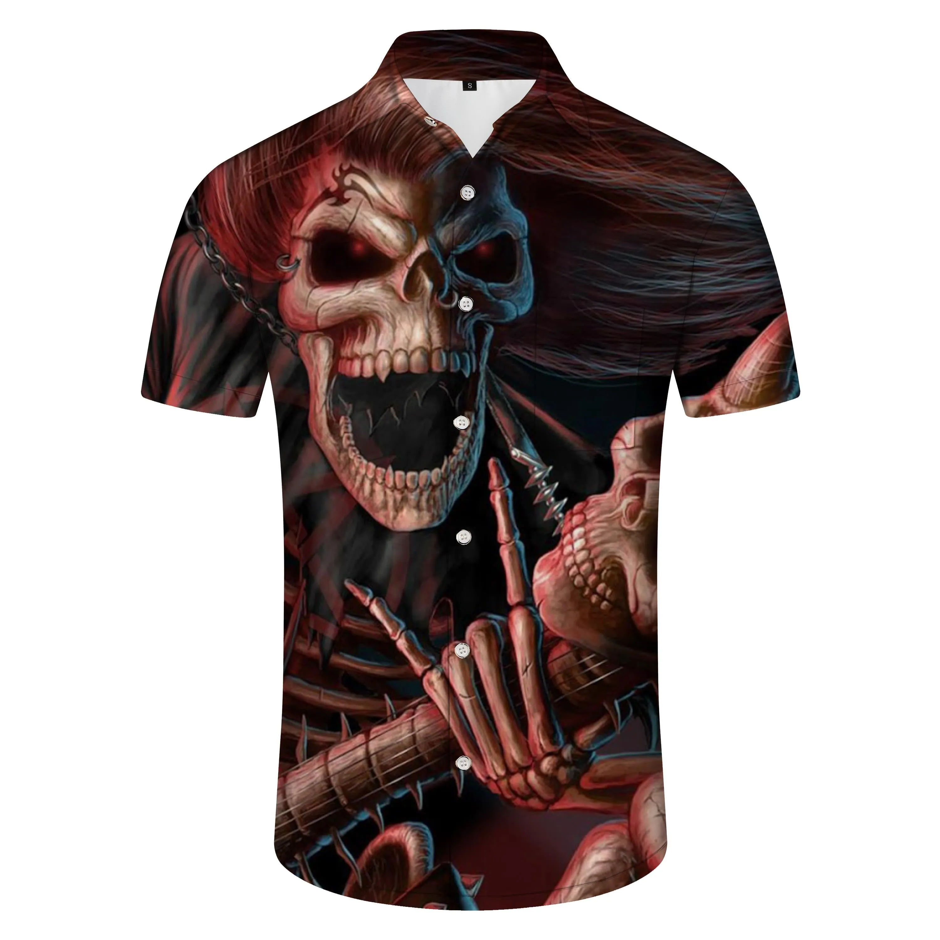 Men's New Casual Hawaiian Button Shirt Printed Brown Skeleton King Short Sleeve Shirt