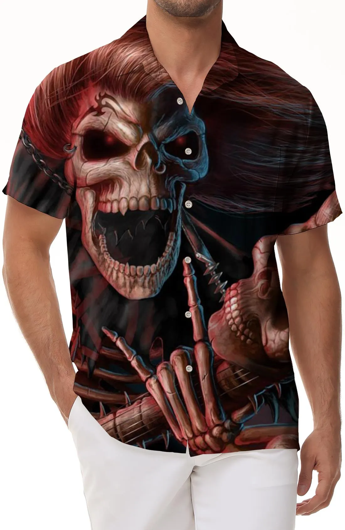 Men's New Casual Hawaiian Button Shirt Printed Brown Skeleton King Short Sleeve Shirt