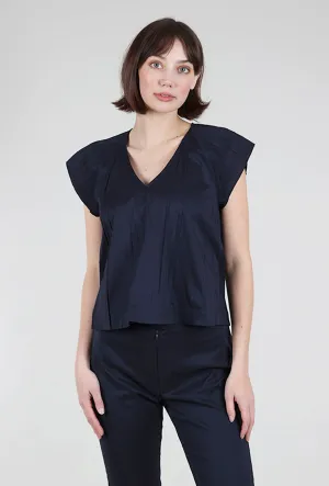 Micropleat Shoulder V-Neck Blouse, Indigo