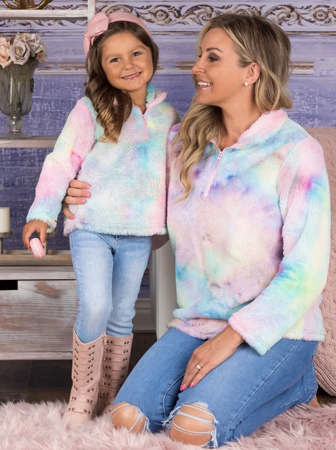 Mommy and Me Pastel Rainbow Fleece Sweater