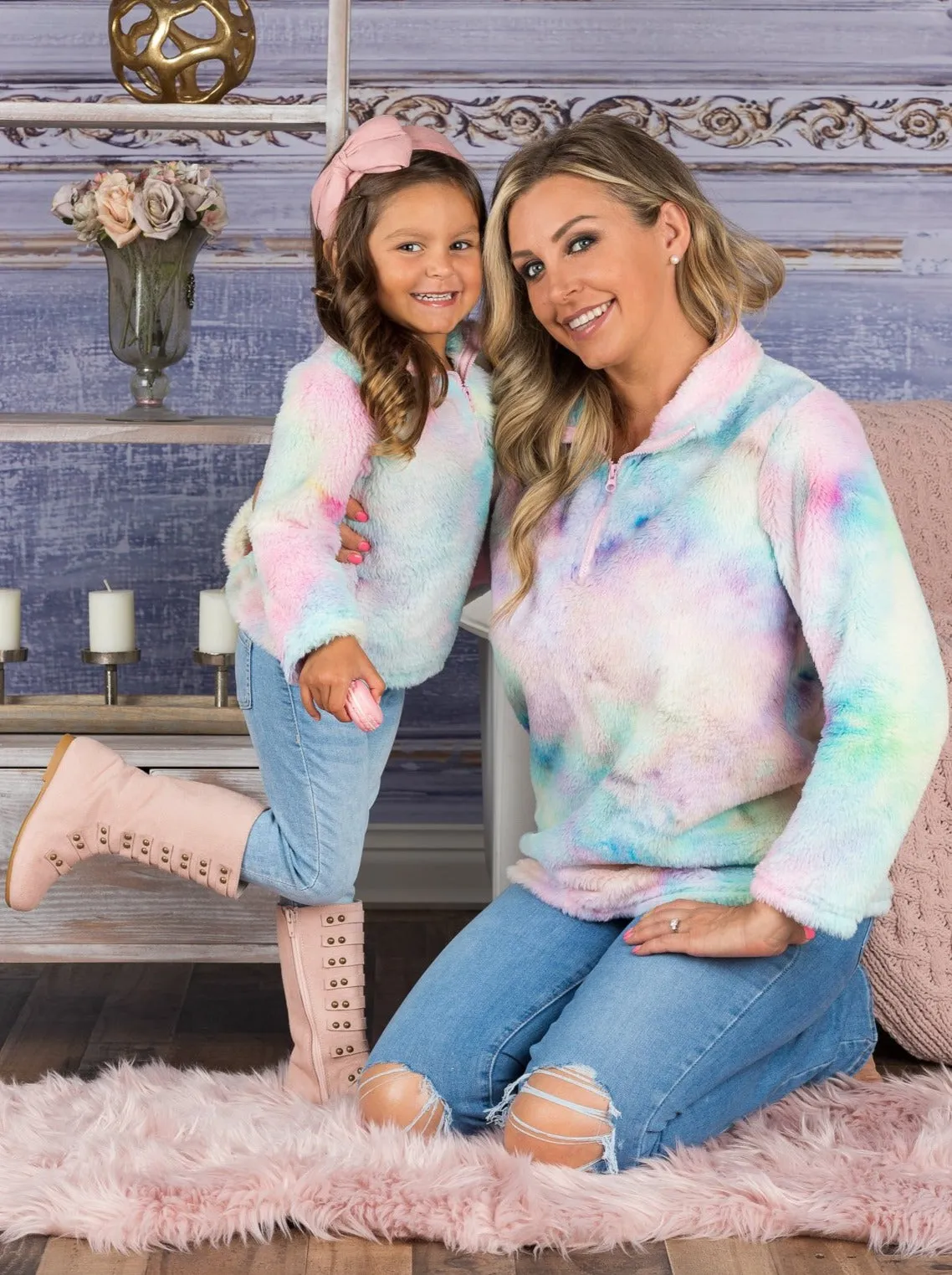 Mommy and Me Pastel Rainbow Fleece Sweater